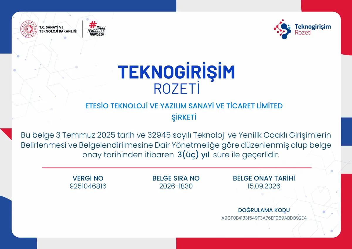 T.C. Sanayi ve Teknoloji Bakanlığı belgesi